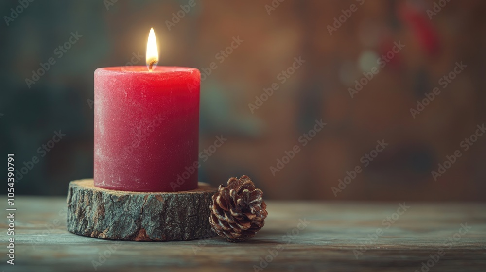 Red candle on wooden background with christmas decor with space for text Red candle on wooden background with christmas decor with space for text