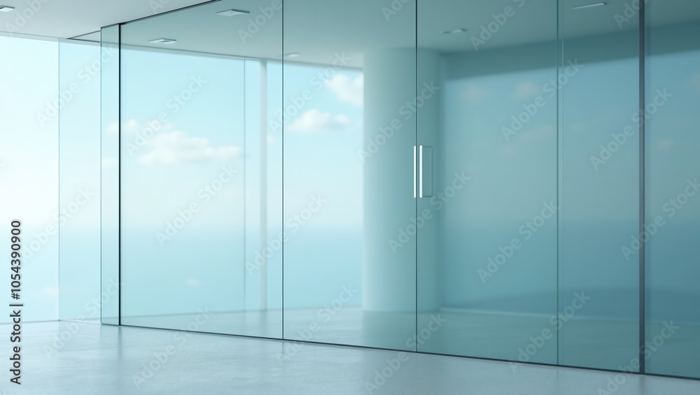 Modern glass wall reflecting soft blue sky and clouds creating a serene atmosphere Modern glass wall reflecting soft blue sky and clouds creating a serene atmosphere