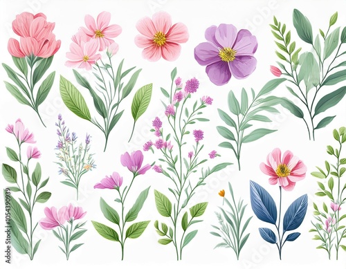 floral delicate spring set with wild flowers buds and green plants watercolor isolated design elements floral collection for invitation or greeting cards wallpapers or nature illustration