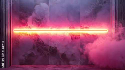 A vibrant neon light cutting through mist in an abstract indoor space illuminated by colorful hues