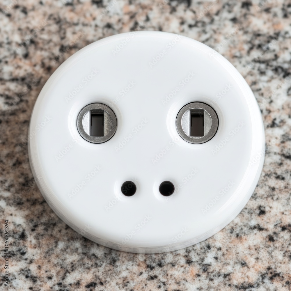 A round electrical socket with two vertical slots and a grounding hole. A round electrical socket with two vertical slots and a grounding hole.