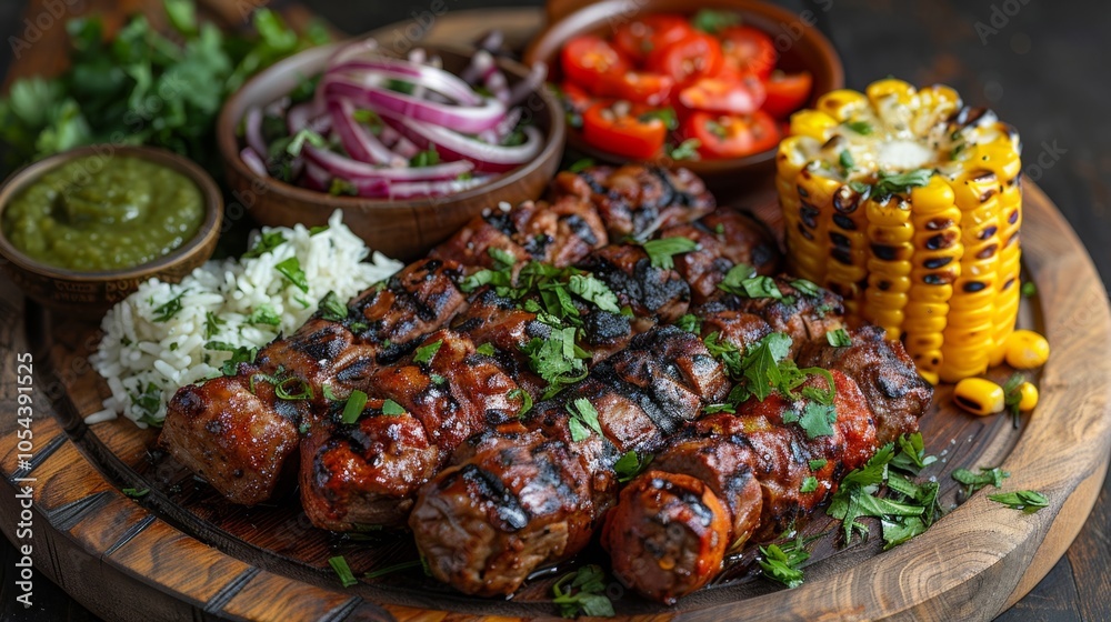 Grilled Meat Skewers with Corn on the Cob and Side Dishes Grilled Meat Skewers with Corn on the Cob and Side Dishes