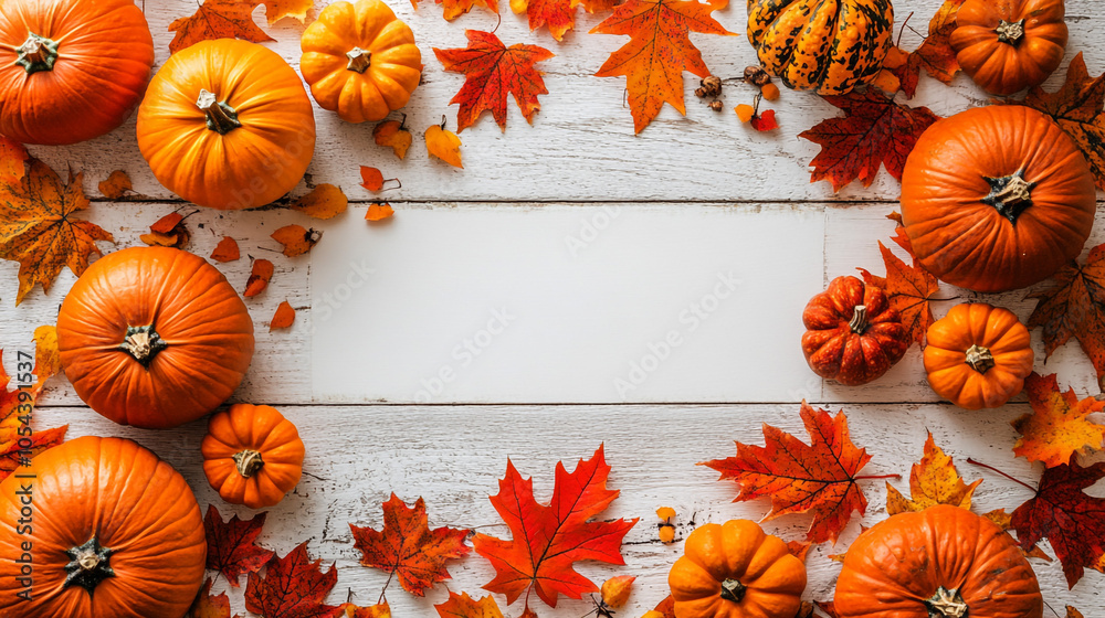 Autumn Harvest  Pumpkins  Fall Leaves and White Wood Background