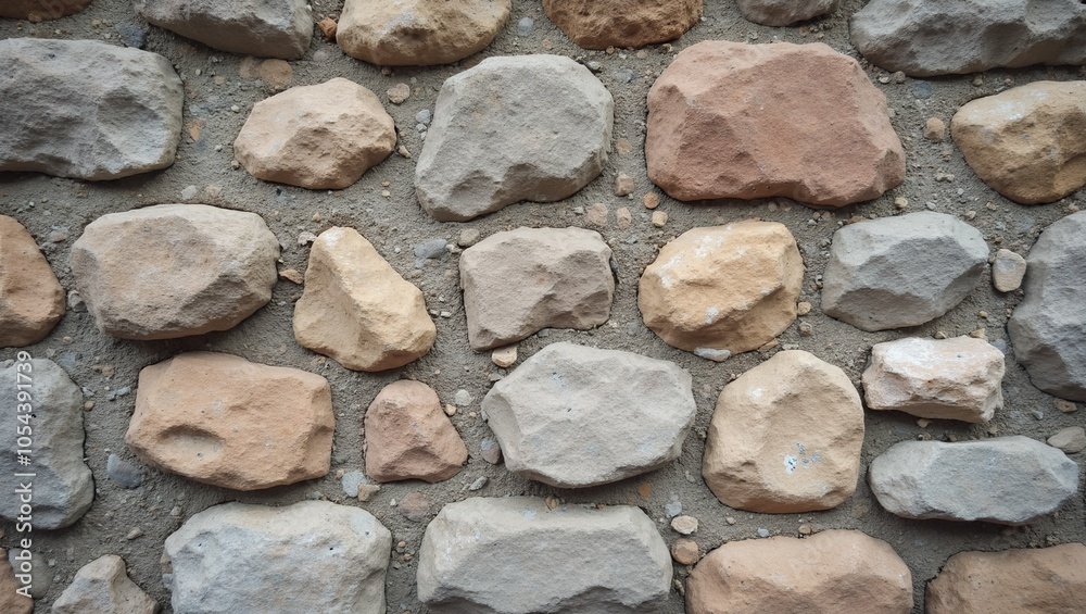 Rustic stone wall with large gray and brown stones showing visible mortar Rustic stone wall with large gray and brown stones showing visible mortar