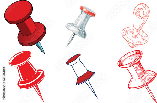 Red drawing pins isolated on white transparent background
