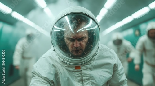 An astronaut stands focused in a futuristic hallway, surrounded by peers in suits, emphasizing teamwork and determination in a high-tech environment. photo