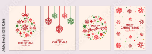 A set of four minimalist Christmas card designs featuring snowflakes, ornaments, and festive typography perfect for creating personalized holiday greetings.