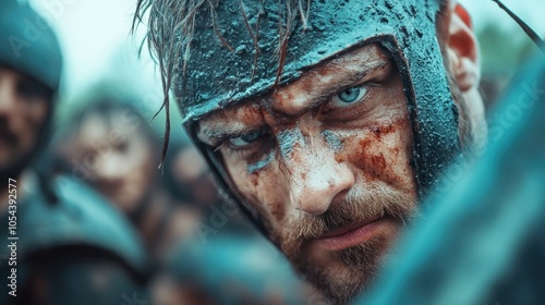 A battle-hardened knight with a storm-weathered helm is surrounded by chaos, reflecting inner turmoil and resilience on the unpredictable battlefield of a past era. photo