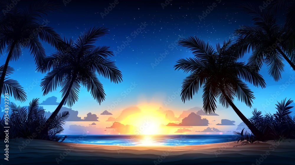 Beautiful Sunset Over Calm Ocean with Palm Trees Beautiful Sunset Over Calm Ocean with Palm Trees