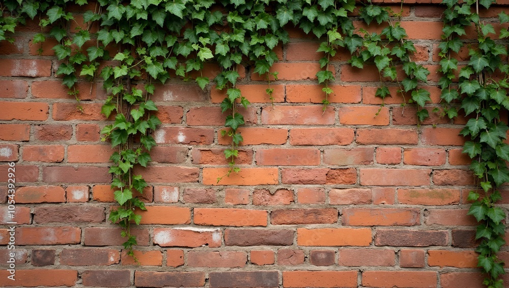Weathered red brick wall with climbing ivy Weathered red brick wall with climbing ivy