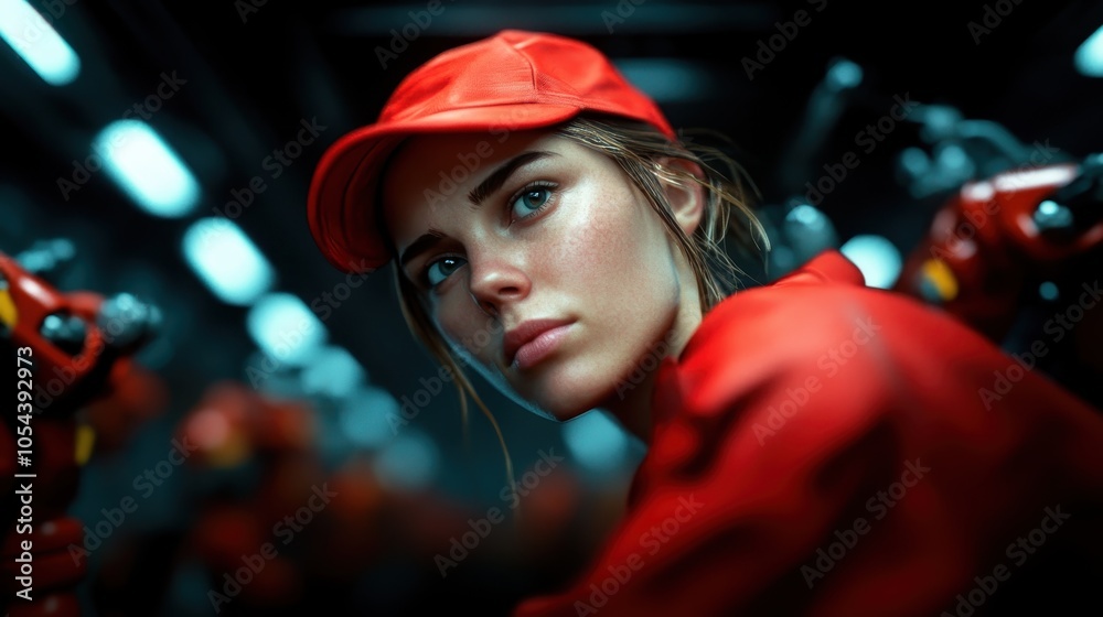 A woman in a red cap is surrounded by machinery, her focused expression highlighted against the industrial backdrop, indicating precision and determination. A woman in a red cap is surrounded by machinery, her focused expression highlighted against the industrial backdrop, indicating precision and determination.