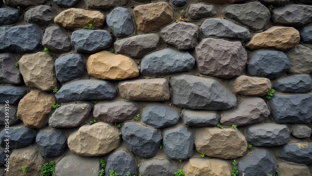 Rustic stone wall with rough fieldstones in shades of gray and brown adorned with small green plants Rustic stone wall with rough fieldstones in shades of gray and brown adorned with small green plants