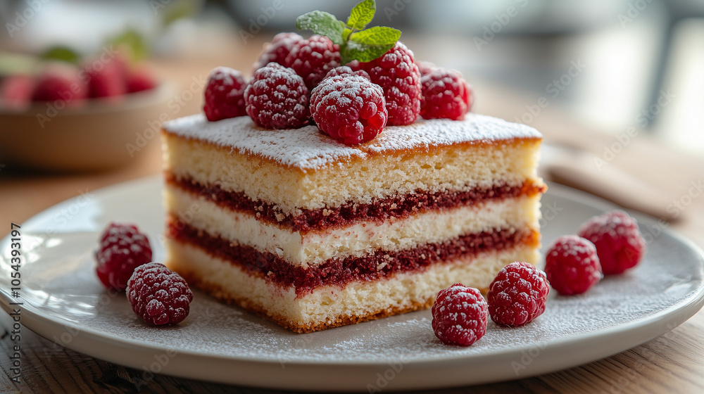 Sponge cake dessert with raspberries and mint garnished on a white plate with copy space
Sponge cake dessert with raspberries and mint garnished on a white plate with copy space