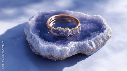 Wedding rings displayed on cut geode crystal photo