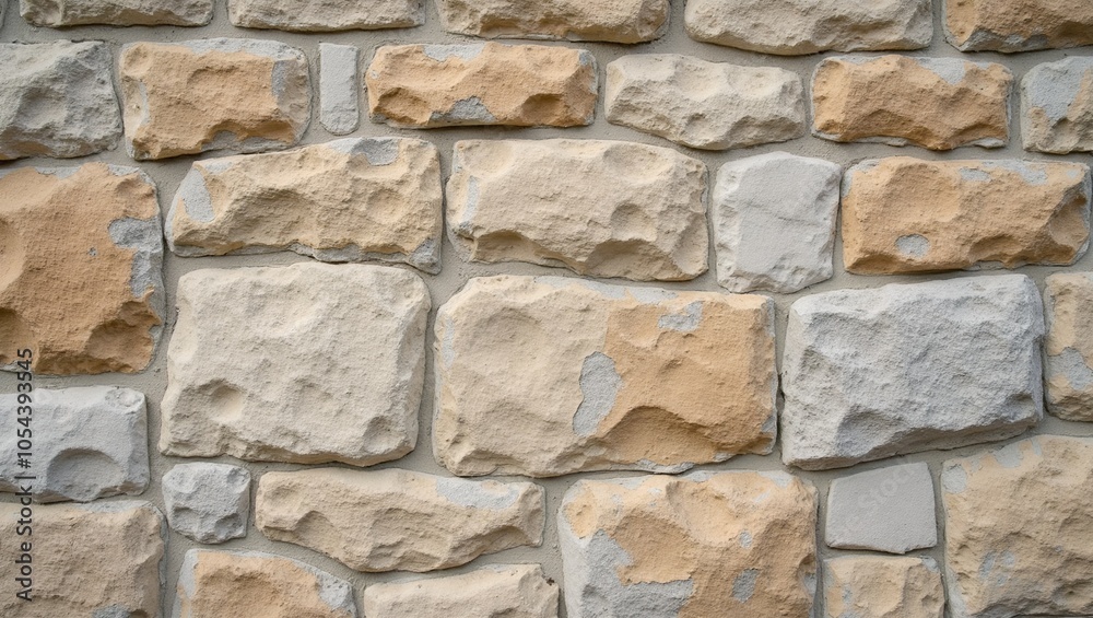 Raw rustic limestone wall in soft beige and gray hues Raw rustic limestone wall in soft beige and gray hues