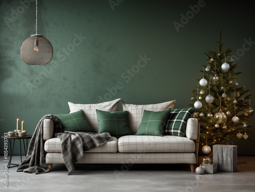 Modern and classic styles inspired scandinavian living room  in forest green with Christmas tree and Christmas decor and Christmas tartan plaid accents. Festive season interior.
 photo