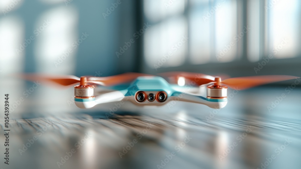 A sleek, ultramodern drone with copper and blue accents captured in mid-flight, showcasing its smooth design and technological refinement in a well-lit room. A sleek, ultramodern drone with copper and blue accents captured in mid-flight, showcasing its smooth design and technological refinement in a well-lit room.