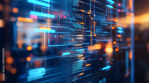A highly detailed photography of a software architect drawing system diagrams on a glass whiteboard, with teams in the background collaborating on code.