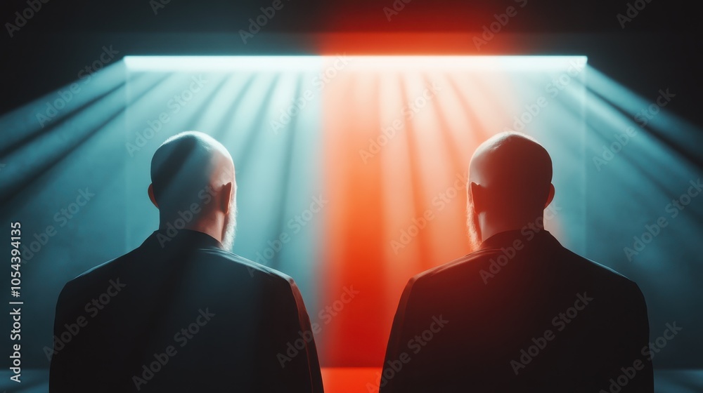 Two individuals stand back-to-back under vibrant red and blue lighting, enveloped by a futuristic aura of choice and contemplation in an abstract scene. Two individuals stand back-to-back under vibrant red and blue lighting, enveloped by a futuristic aura of choice and contemplation in an abstract scene.