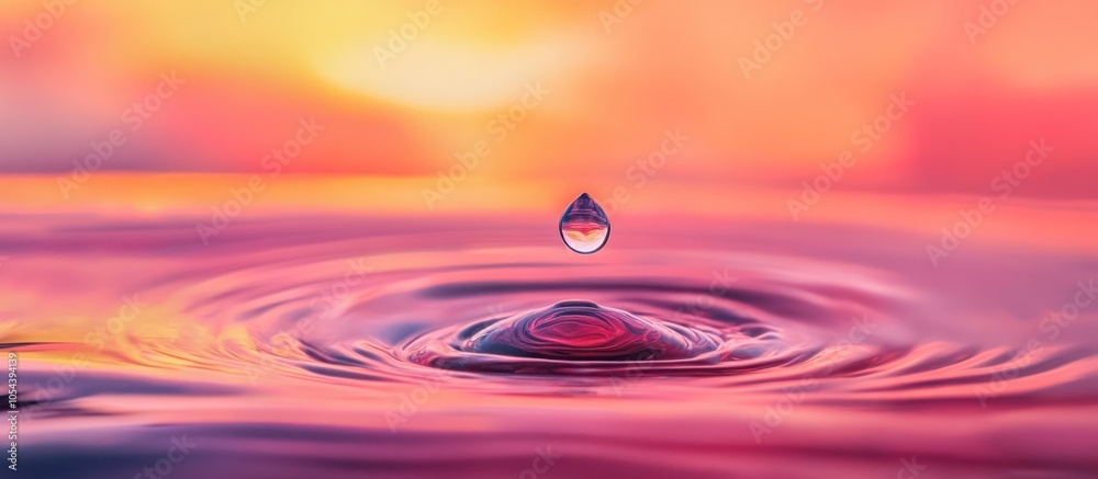 A single water drop falls into still water creating a ripple effect against a sunset backdrop. A single water drop falls into still water creating a ripple effect against a sunset backdrop.