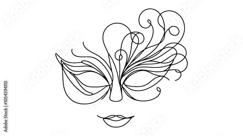 One continuous line illustration of a woman's masquerade mask, isolated on white background.