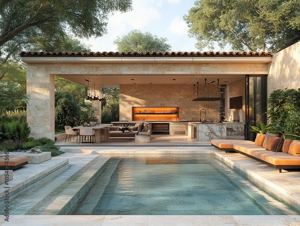 Fototapeta premium Luxury outdoor kitchen with marble countertops and fireplace
