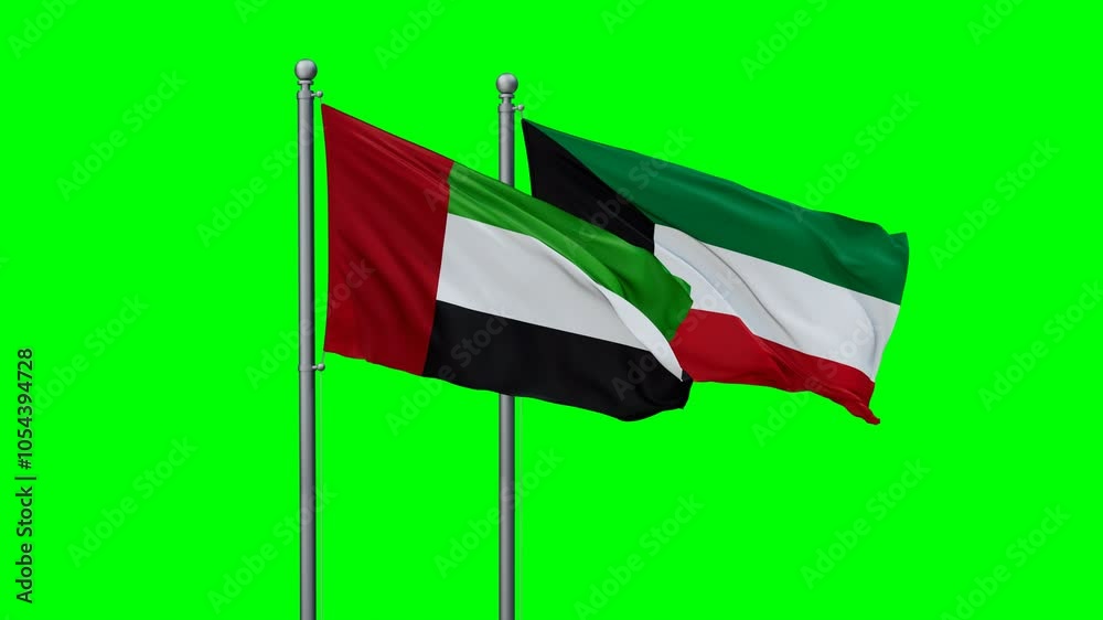 Kuwait and United Arab Emirates flags flying together, video concept of the relationship with colored chroma key for easy background remove, two country cooperation concept Kuwait and United Arab Emirates flags flying together, video concept of the relationship with colored chroma key for easy background remove, two country cooperation concept