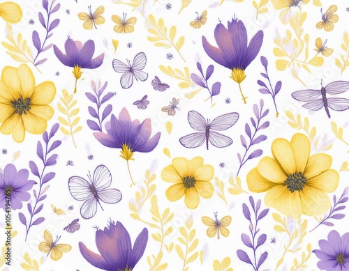 minimalistic floral pattern with small flowers petals flying butterfly and dragonfly wildlife watercolor print seamless pattern purple and yellow colors delicate illustration on white background