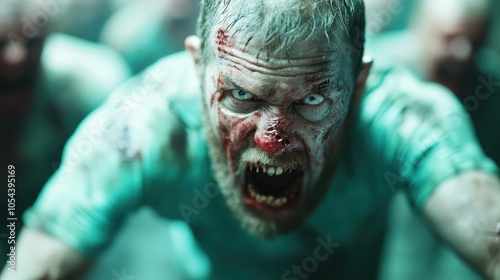 A terrifying zombie with a bloodstained face screams in chaotic surroundings, embodying fear and horror. A vivid portrayal of a nightmarish apocalyptic world. photo