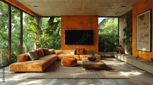 Modern living room with orange accents and lush greenery.