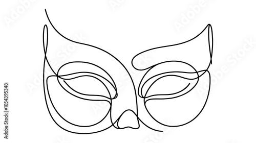 One continuous line illustration of a woman's masquerade mask, isolated on white background.