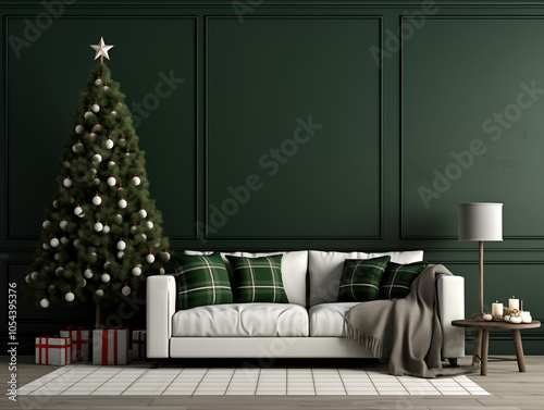 Modern and classic styles inspired scandinavian living room  in forest green with Christmas tree and Christmas decor and Christmas tartan plaid accents. Festive season interior.
 photo