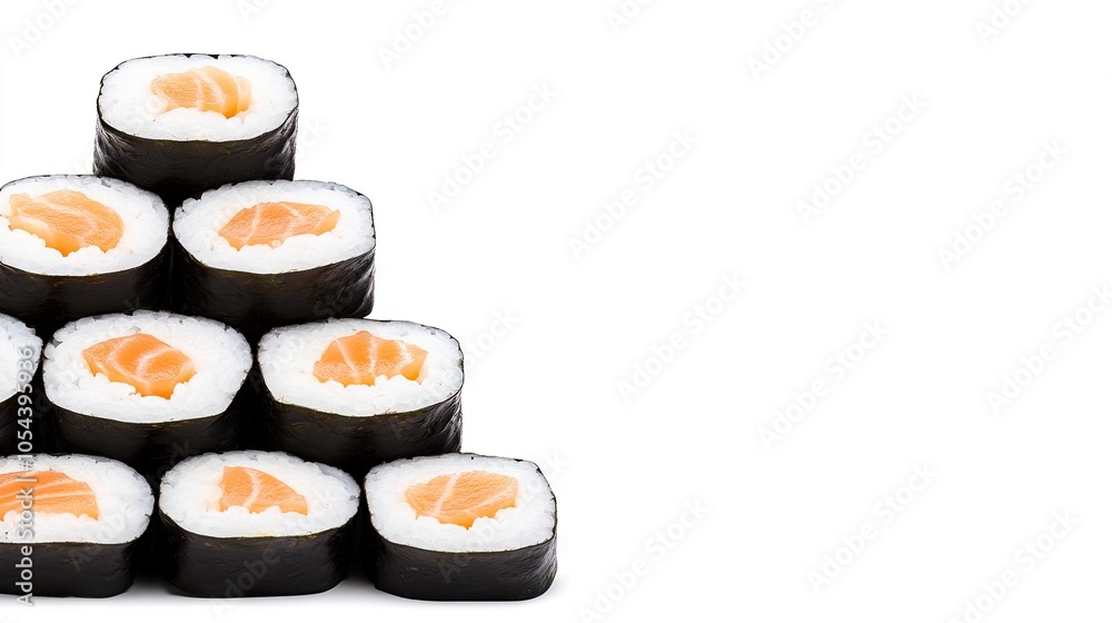 An artistic arrangement of sushi rolls meticulously arranged in a pyramid shape on a serene white background for culinary admiration An artistic arrangement of sushi rolls meticulously arranged in a pyramid shape on a serene white background for culinary admiration