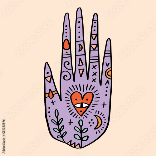 Magical boho hippie patterned hand art mystical meditation witchcraft sacred symbol. Shamanic magical palm with sacred heart all seeing eye shaped amulet inside. Illustration for yoga and reiki