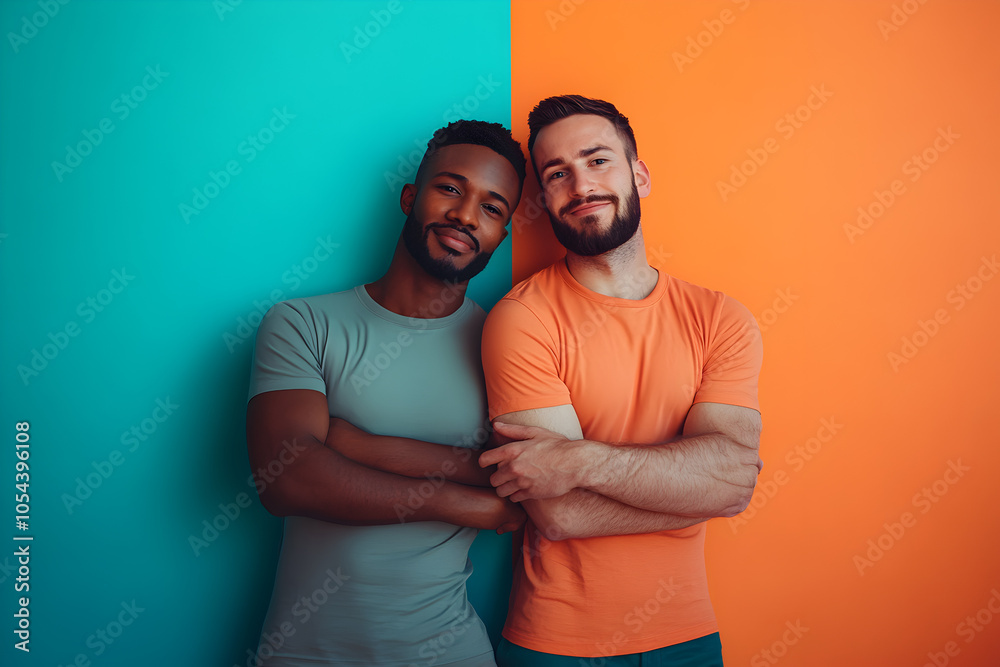 Diverse Friends Leaning Against Colorful Background Diverse Friends Leaning Against Colorful Background