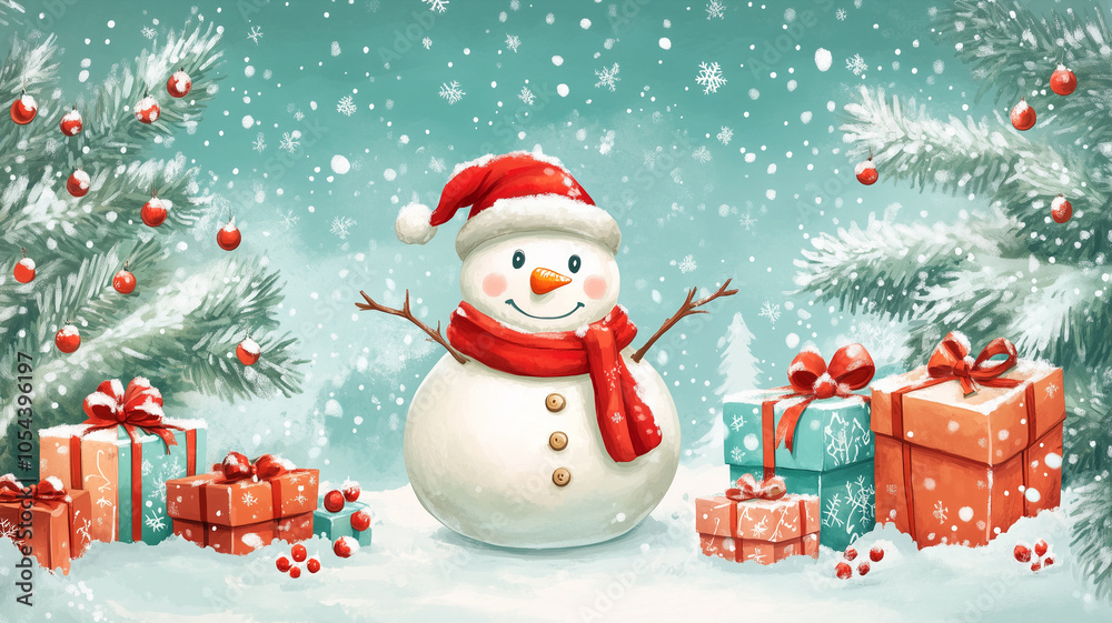 Happy smiling Snowman with a huge sack filled with gift box for children, snowflakes, winter holiday season, christmas greeting card Happy smiling Snowman with a huge sack filled with gift box for children, snowflakes, winter holiday season, christmas greeting card