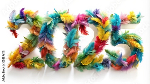 3D text "2025" with a realistic bird feather texture, featuring a modern design, soft lighting, and set against a white background.