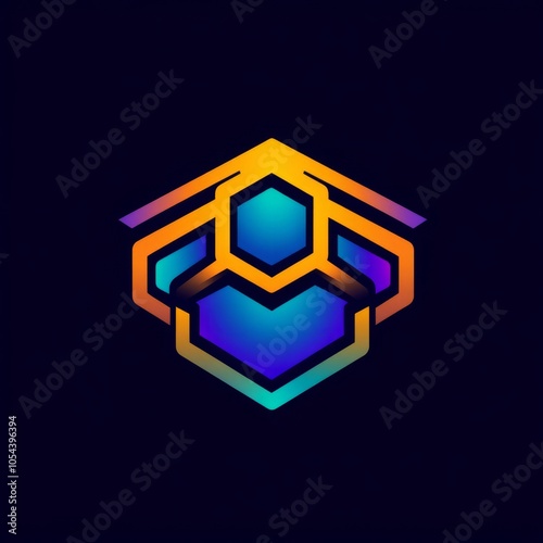 A colorful geometric logo with hexagonal shapes and gradient effects.