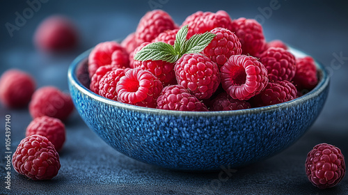 Fresh Raspberries in a Bowl Close-Up on Blue Background. Banner with copy space.