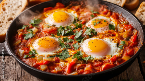 Savory skillet dish featuring three eggs nestled in a spicy tomato mixture with diced vegetables, served with toasted bread