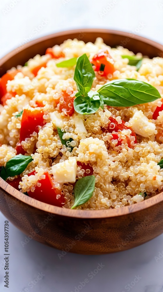A close-up of a bowl of quinoa salad with tomatoes and basil. The salad looks fresh and delicious, perfect for a healthy meal. A close-up of a bowl of quinoa salad with tomatoes and basil. The salad looks fresh and delicious, perfect for a healthy meal.