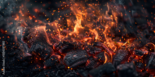 Fiery Scene of Burning Coals and Flames Capturing Intense Heat