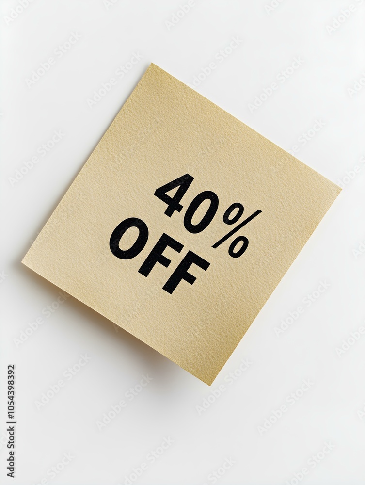 Black '40% OFF' Text on a Khaki Square Paper Note. White Background Black '40% OFF' Text on a Khaki Square Paper Note. White Background