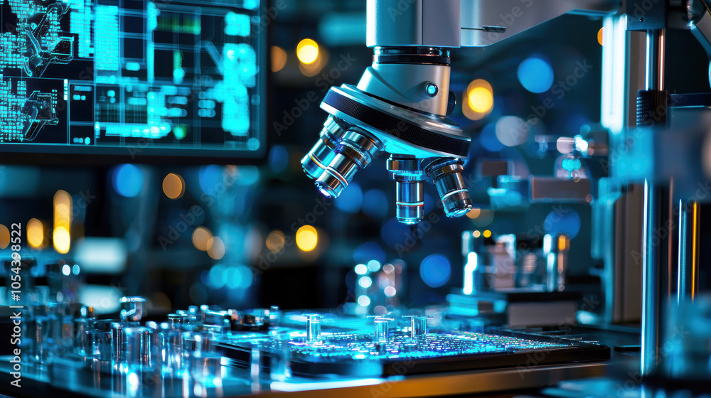 Scientific Laboratory Microscope with Technology Background Scientific Laboratory Microscope with Technology Background
