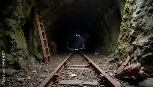 Eerie abandoned mining tunnel with rusty rails and broken equipment