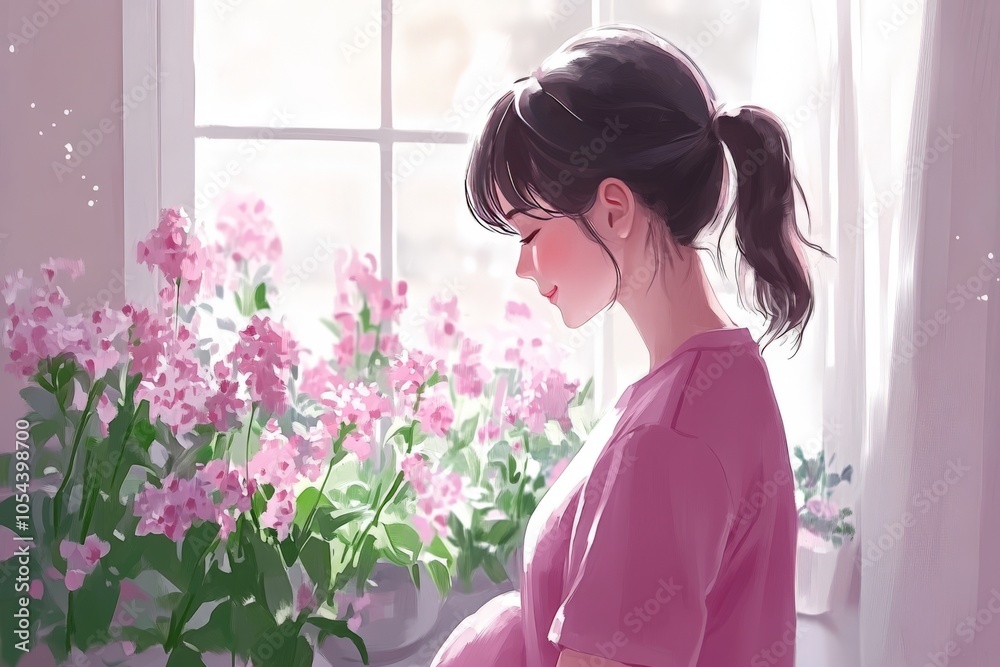 Woman surrounded by pink flowers in a softly lit setting representing quiet contemplation natural beauty and peaceful reflection in a serene floral environment Woman surrounded by pink flowers in a softly lit setting representing quiet contemplation natural beauty and peaceful reflection in a serene floral environment