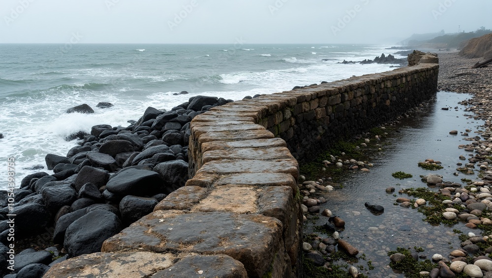 Rugged coastline with waves crashing against old stone seawall Rugged coastline with waves crashing against old stone seawall