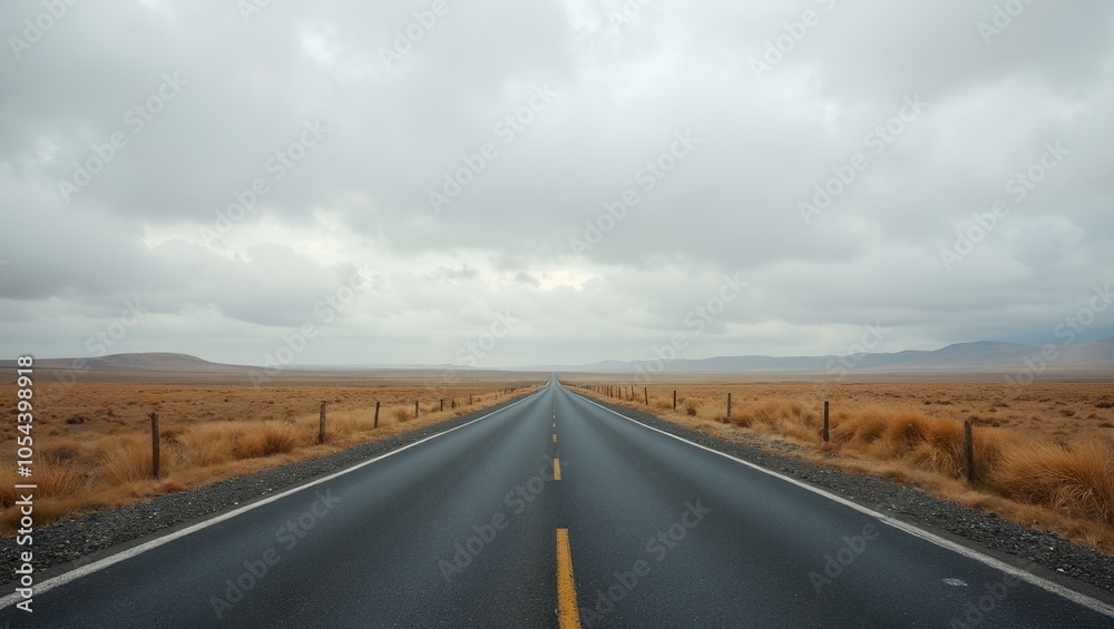 Tranquil road through endless plain under cloudy sky Tranquil road through endless plain under cloudy sky