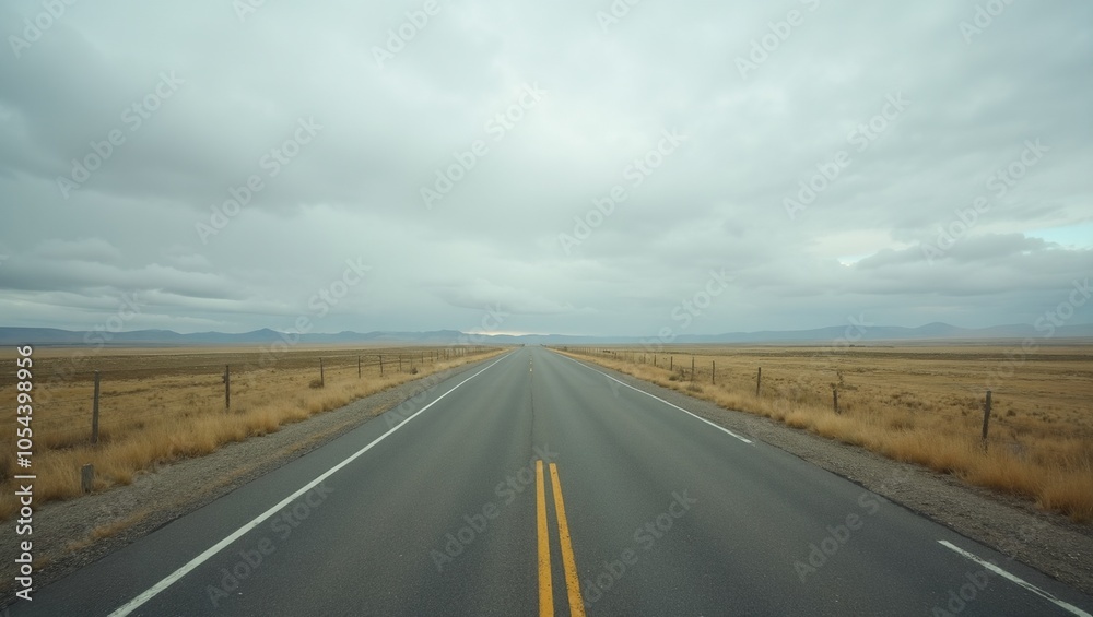 Naklejka premium Tranquil road through endless plain under cloudy sky