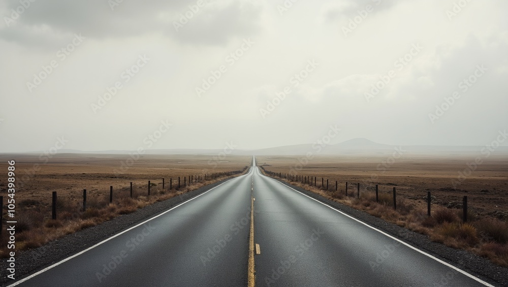 Tranquil road through endless plain under cloudy sky Tranquil road through endless plain under cloudy sky